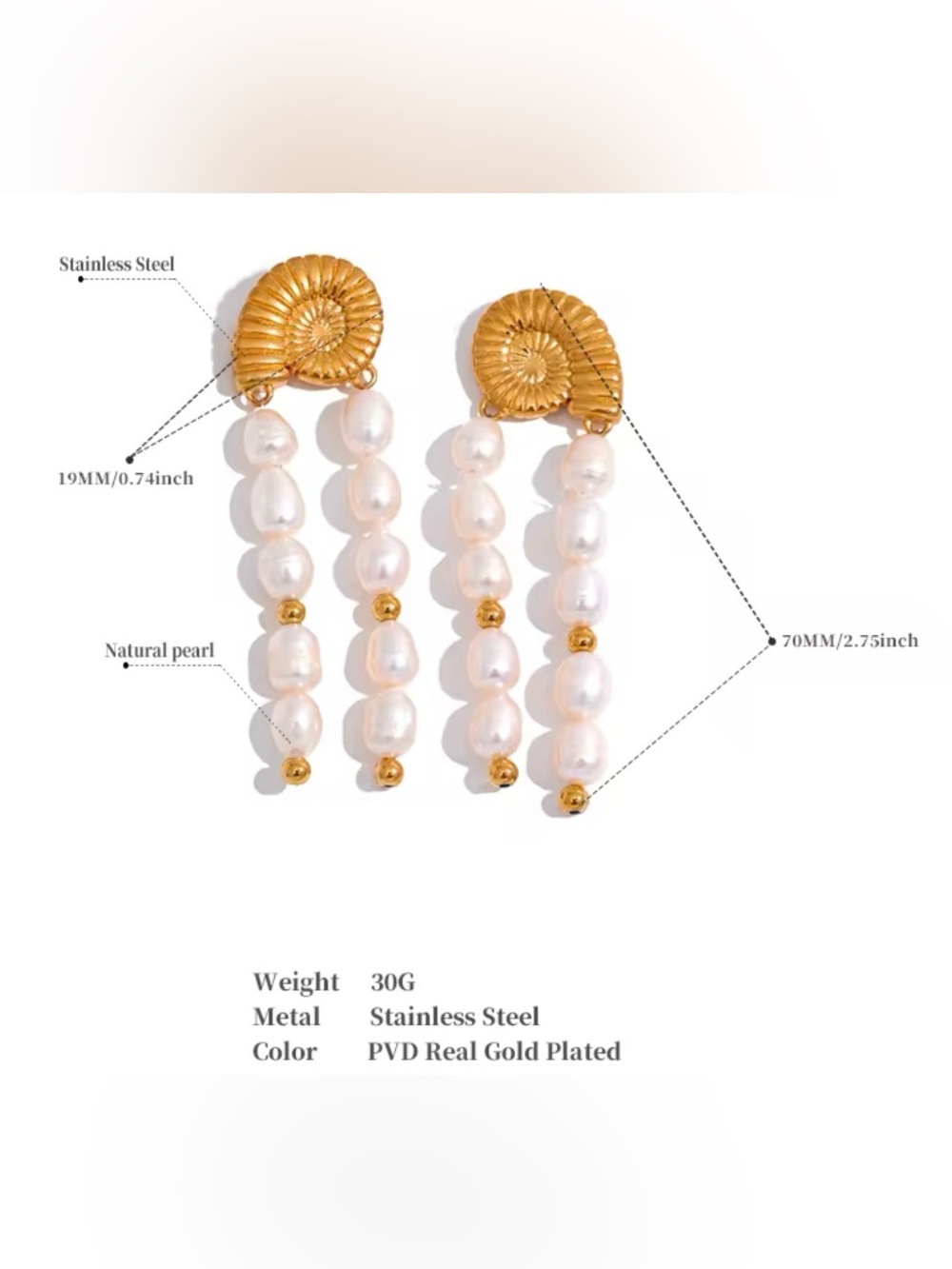 Gold Shell Fresh Water Pearl Drop Earrings - Picture 2 of 2